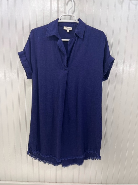 Umgee Dresses & Skirts - Umgee Boho Linen Blend Mini Dress Blue Fringed Hem Small